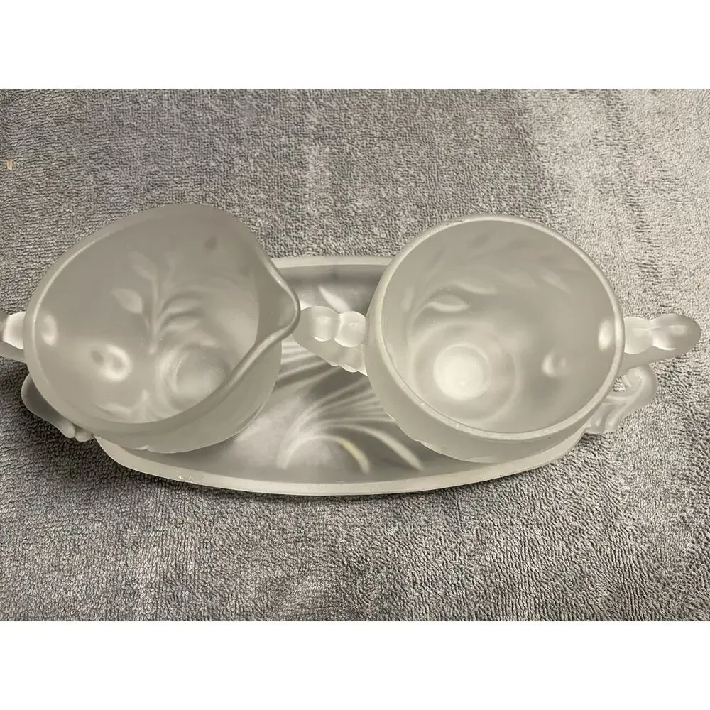 Vintage Indiana Glass Willow Frosted Creamer Sugar Bowl Tray Set MCM